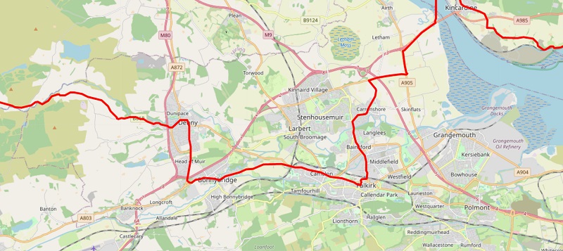 Map of the UCI cycle race route through Falkirk