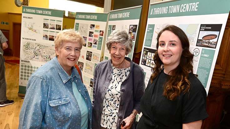 Pictured: Sisters Moira and Irene Taylor, from Falkirk, with architect Gina Colley. The sisters said the concepts were “really exciting” and hoped the masterplan would “bring new life to the centre”. 
