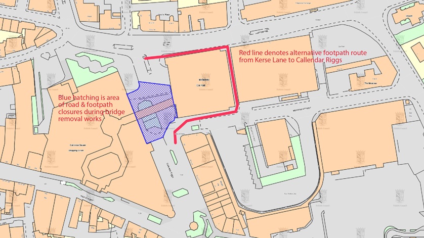 Map showing the footpath diversion in red and blue area highlighting the footpath and road closure which are being put in place while the bridge connecting the shopping centre with the car park is demolished.