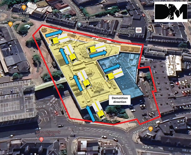 Image highlighting the direction of travel for the demolition of the shopping centre, starting at the Kerse Lane/Manor Street end of the building and working towards the High Street.
