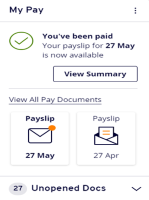 My Pay window box, showing a link to view the summary of payslips, plus a link to view all pay documents. With a further drop down arrow to see all unopened pay documents