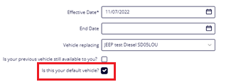 Default vehicle selection screen