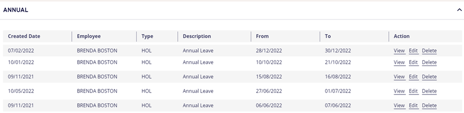 Annual Leave History showing each line of annual leave with actions to the right hand side to View, Edit or Delete