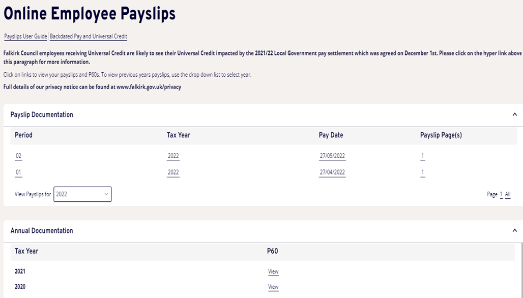Online Employee Payslips showing the drop down option to select the year and pay date column