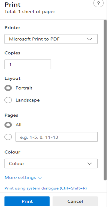 rint widget, to select printer or print to PDF using Microsoft Edge