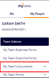 Screenshot of panel on the left under My People that shows that if you go through Team Selector, then My Team Documents before choosing the individual employee