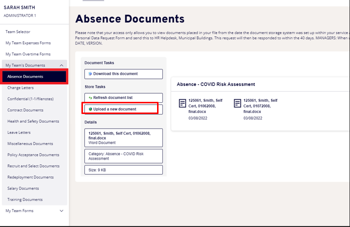  Screenshot of Absence Documents screen