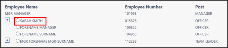 Screenshot of the list of team members being used in the My Team Absence example.