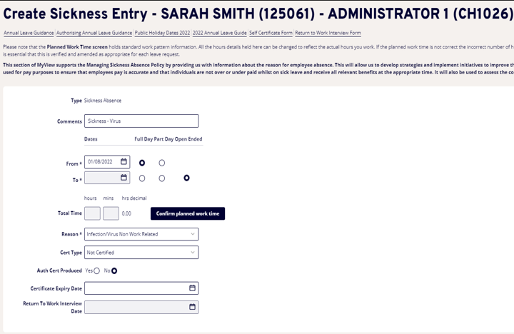 Example of completed sickness entry that is open ended