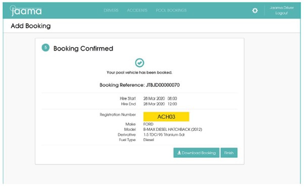 Screen shows that the booking has confirmed and what details are shown.